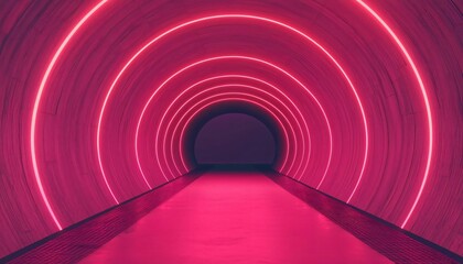 Poster - Vibrant pink tunnel with glowing neon lights creating a mesmerizing atmosphere, perfect for modern and futuristic visuals.
