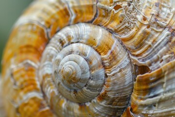 Aufkleber - Close-up view of a spiral shell with intricate patterns found on a sandy beach during early morning light, showcasing natural beauty and marine life