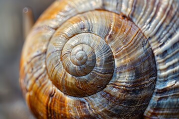 Aufkleber - Close-up view of a spiral shell with intricate patterns found on a sandy beach during early morning light, showcasing natural beauty and marine life
