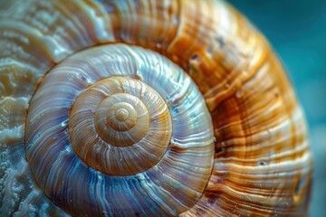 Aufkleber - Close-up view of a spiral shell with intricate patterns found on a sandy beach during early morning light, showcasing natural beauty and marine life