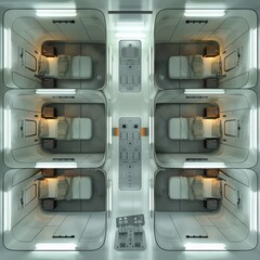 Poster - Overhead floor plan of a sci fi military barracks. sleeping room, with sleep pods, recreation room, and lockers.
