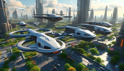 Wall Mural - Futuristic cityscape featuring flying cars and innovative architecture in a vibrant digital environment