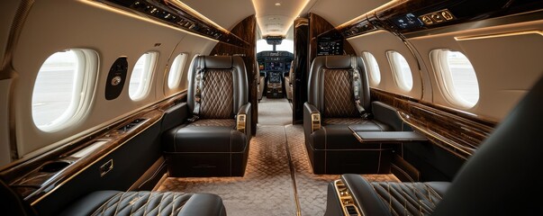 Opulent jet interior featuring lavish leather seating and gold accents, showcasing luxury and highend travel in a private aircraft