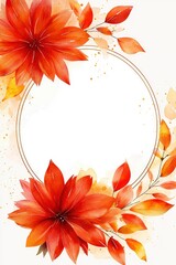 Canvas Print - Watercolor Autumn Floral Frame with Orange Flowers and Gold Circle