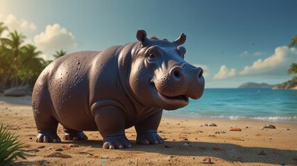 A 3D hippo relaxing on a sandy beach under a clear blue sky, surrounded by gentle waves and beachgoers.