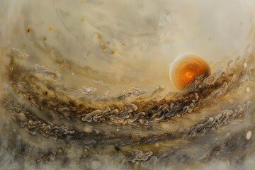 Leinwandbilder - A vibrant, swirling cosmic nebula with rich orange and gold hues, showcasing the vast beauty of space and celestial formations at twilight