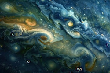 Aufkleber - A mesmerizing view of swirling cosmic clouds and celestial bodies in deep space, showcasing vibrant blues and hints of starlight in a captivating cosmic scene