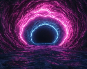 Poster - A mesmerizing tunnel with vibrant pink and blue neon lights, creating a surreal atmosphere over a dark water surface.