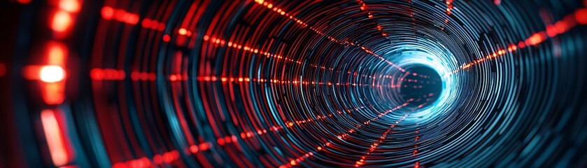 Poster - A mesmerizing view of a tunnel illuminated by vibrant red and blue lights, creating a sense of depth and dynamic movement.