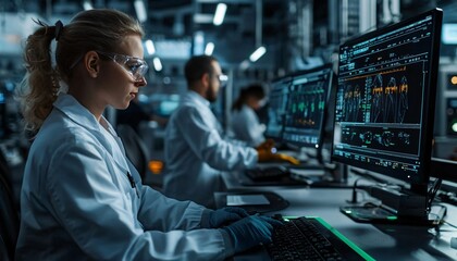 Poster - A scientist analyzes data on a computer in a modern laboratory, showcasing advanced technology and research processes.