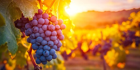 Canvas Print - Grapes hanging in a vineyard at sunset. The golden light creates a warm glow on the vibrant green leaves. A perfect setting to capture nature and the beauty of winemaking. AI