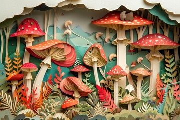 Aufkleber - A colorful and detailed paper art display of mushrooms and foliage set in a vibrant forest landscape during daylight hours