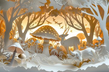 Aufkleber - A colorful and detailed paper art display of mushrooms and foliage set in a vibrant forest landscape during daylight hours