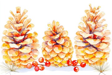 Canvas Print - Three Watercolor Pine Cones with Berries