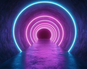 Poster - A vibrant neon tunnel with glowing blue and pink lights reflecting off the wet surface, creating a mesmerizing atmosphere.