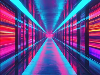 Poster - A vibrant, futuristic hallway illuminated with neon lights, creating a mesmerizing visual effect and a sense of depth.