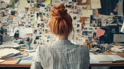 Wall Mural - A person sitting at a desk with a vision board full of inspiring images and goals representing the power of visualization in achieving success Large space for text in center Stock Photo with copy