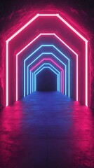 Poster - A vibrant neon tunnel with pink and blue lights creating a futuristic atmosphere, perfect for digital art and design projects.
