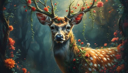 Wall Mural - Ethereal deer amidst surreal dreamscape with delicate vines and flowers embellishing its form