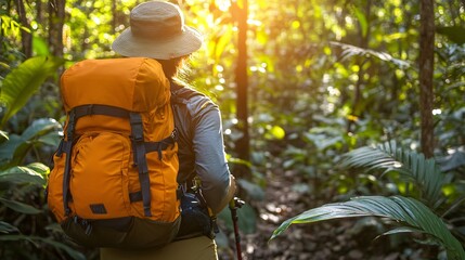 Poster - A person hiking through a dense forest symbolizing the exploration of new paths challenges and personal growth Large space for text in center Stock Photo with copy space