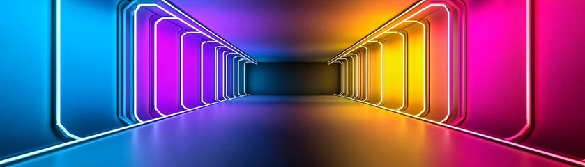 Poster - A vibrant, illuminated corridor with colorful neon lights in blue, pink, and yellow, creating a futuristic atmosphere.