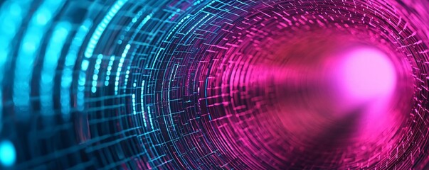 Poster - Abstract tunnel with glowing blue and purple lights, illustrating digital connectivity and futuristic technology.