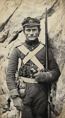 Sepia-toned portrait of an older European soldier in uniform, holding a rifle. He has a worn and determined look, standing beside a rocky background.

Concept:
Warrior, historical soldier, battlefield