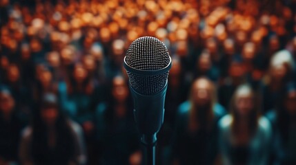 Poster - A professional speaking confidently at a networking event symbolizing confidence growth in public speaking and career advancement Large space for text in center Stock Photo with copy space
