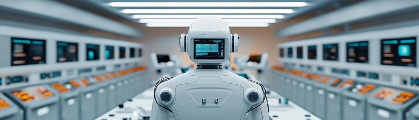 Poster - Futuristic robot in a sleek control room, surrounded by advanced technology and digital interfaces, representing innovation and automation.