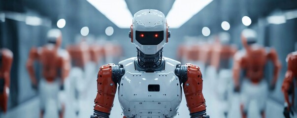 Poster - Futuristic robot stands in a high-tech environment with additional robots in the background, showcasing advanced technology and design.