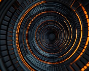 Poster - Futuristic tunnel with glowing orange lights and intricate patterns, creating a mesmerizing digital atmosphere.