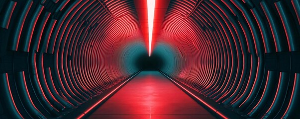 Poster - Futuristic tunnel with vibrant red light, creating a surreal atmosphere, perfect for sci-fi and modern art projects.