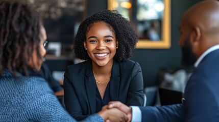 Poster - A young professional shaking hands with a mentor at a business event symbolizing mentorship and personal career growth Large space for text in center Stock Photo with copy space