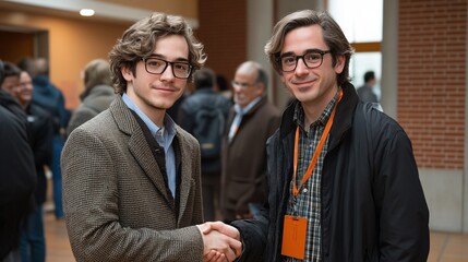 Poster - A young professional shaking hands with a mentor at a business event symbolizing mentorship and personal career growth Large space for text in center Stock Photo with copy space