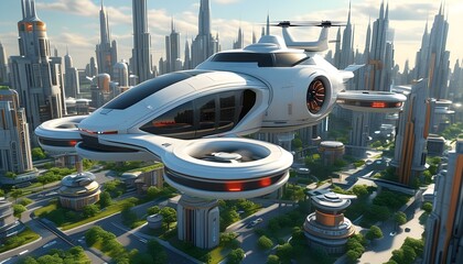 Futuristic cityscape featuring flying cars and innovative architecture in a vibrant digital environment