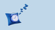 © chawalit - blue pillow alarm clock bedroom time snooze dream night morning day alert sleep. Start the day overtime work sleepless wake up late of tiredness and fresh sleep until appointment. 3D Illustration.