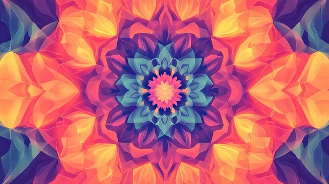 Vibrant kaleidoscope pattern with symmetrical shapes, plenty of space for text in the center