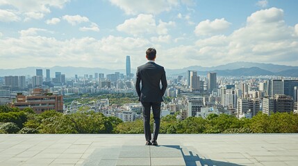 A corporate executive climbing steps toward a futuristic city skyline symbolizing the steady progression toward business goals and professional success Large space for text in center Stock Photo with