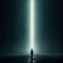 Poster - silhouette of a man in a beam of light on a dark background . Generative AI