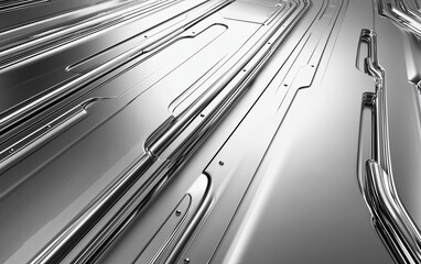 Poster - A close-up view of shiny metallic surfaces with intricate lines and grooves, suggesting a modern industrial design.