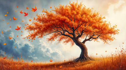 Poster -  watercolor autumn tree background. Generative AI