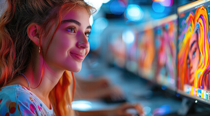 Aufkleber - Happy high school students, girl, creating artworks with computers using AI - vibrant bright saturated colors, joy, happiness, light.