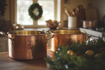 Wall Mural - Vintage Kitchen Preparing Warm Christmas Cider with Festive Decor