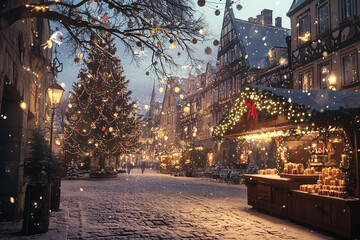 Poster - Snowy European Town Square with Vibrant Christmas Tree and Cider Booth