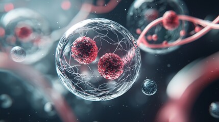 Poster - The oocytes encapsulated by swirling DNA strands, each one symbolizing a different generation's emotional burdens and traumas, vibrant and ethereal