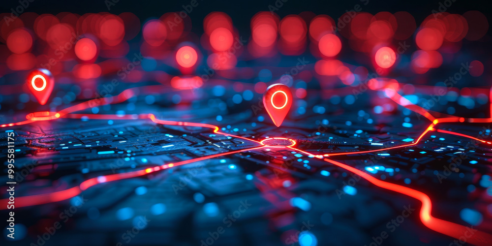 Illuminated Digital Map with GPS Location Pins and Connectivity Routes ...