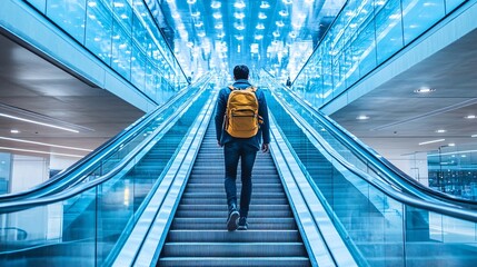 Poster - A professional stepping up a staircase in a sleek office building representing goal-setting career progression and steady achievement Large space for text in center Stock Photo with copy space