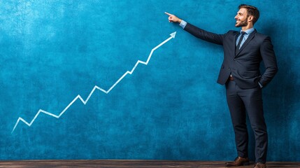 An upward graph with a professional pointing at the highest point symbolizing success in business financial growth and goal achievement Large space for text in center Stock Photo with copy space