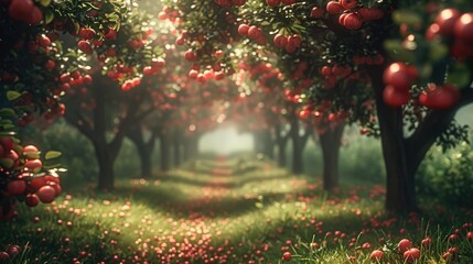 Aufkleber - A magical whimsical forest with cherry on the trees and on the floor, short grass on the floor.
