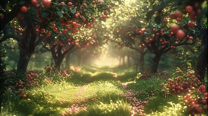 Aufkleber - A magical whimsical forest with cherry on the trees and on the floor, short grass on the floor.